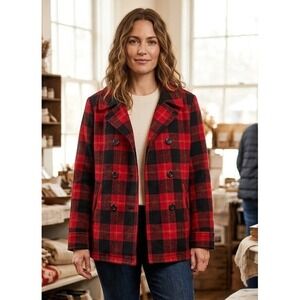 Old Navy Red Black Buffalo Plaid Wool Blend Jacket Women's XL Double Breasted